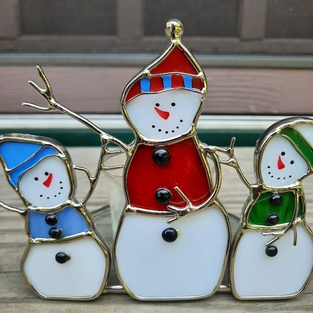 Stained Glass 3 Snowmen Votive Candle Holder Winter Christmas
